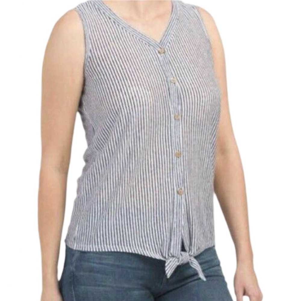 Rachel Zoe 100% Linen Striped Sleeveless Button Front Tie Hem Blouse Top